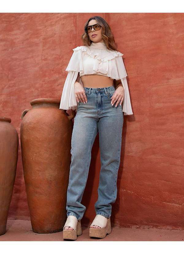 Consciência - Calca Jeans Reta Feminina Cintura Alta Aplicacao Ana Castela Azul