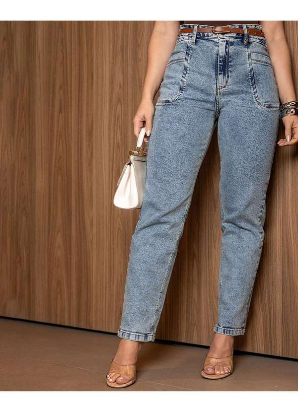 Consciência - Calca Jeans Reta Feminina Cintura Alta com Cinto Azul 3