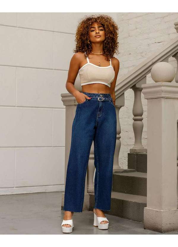 Consciência Calca Jeans Reta Feminina Cintura Alta com Cinto Azul