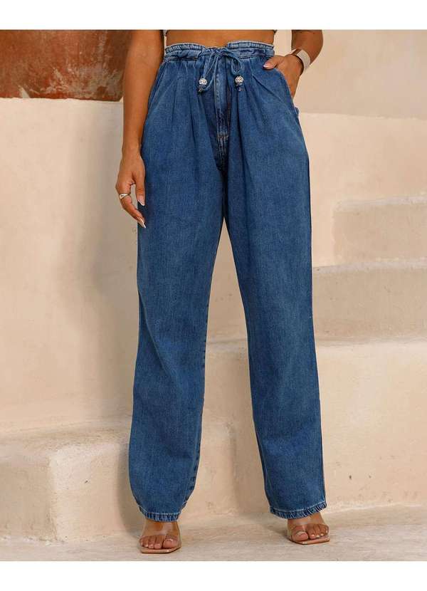 Consciência - Calca Jeans Reta Feminina Cintura Alta com Cordao Azul 3