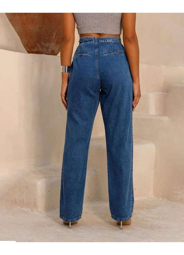 Consciência - Calca Jeans Reta Feminina Cintura Alta com Cordao Azul 4