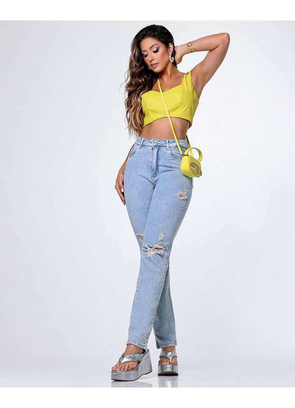 Consciência - Calca Jeans Reta Feminina Cintura Alta com Detalhes Rasgos Azul