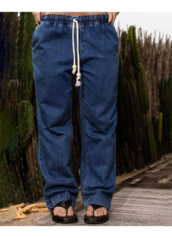 Consciência - Calca Jeans Reta Feminina Cintura Media com Elastico no Cos Azul 3