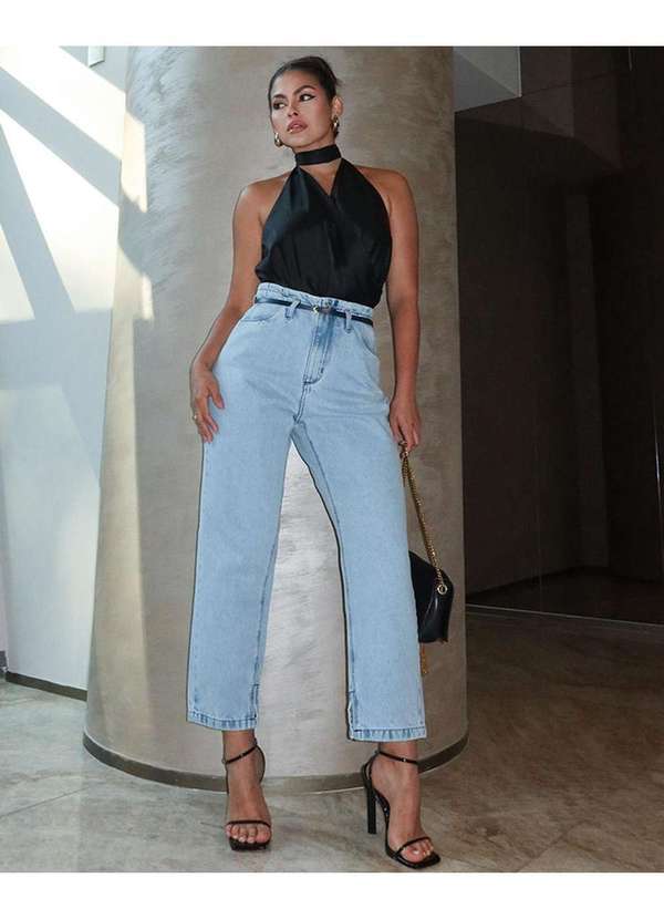 Consciência - Calca Jeans Reta Straight Feminina Cintura Alta com Cinto Azul
