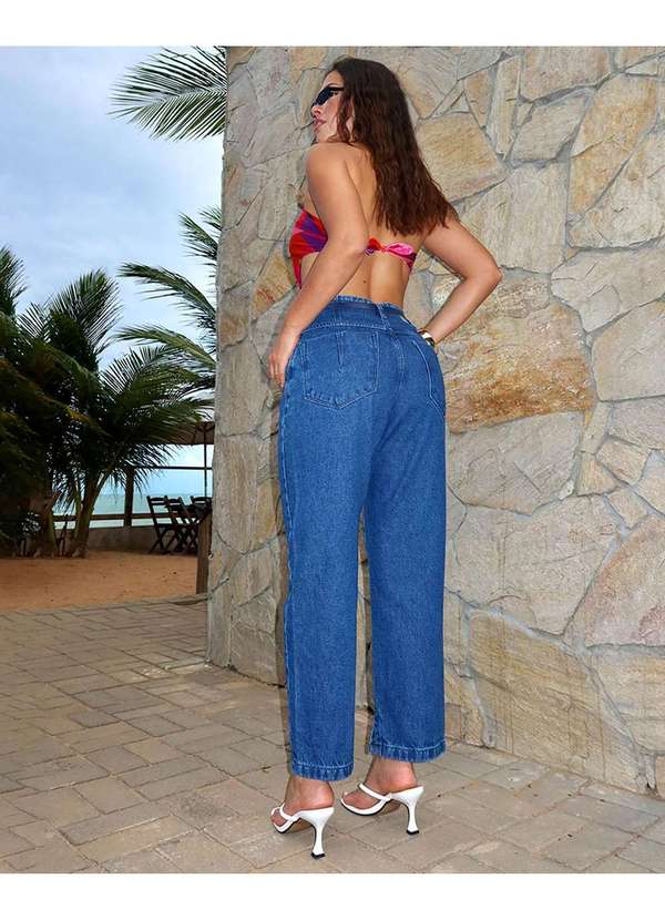 Consciência - Calca Jeans Reta Straight Feminina Cintura Alta com Cinto Azul 2