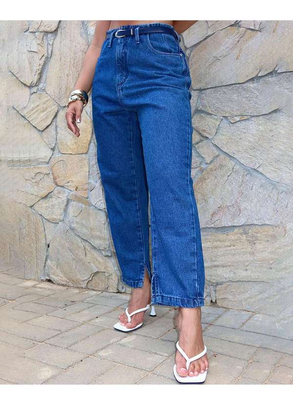 Consciência - Calca Jeans Reta Straight Feminina Cintura Alta com Cinto Azul 3