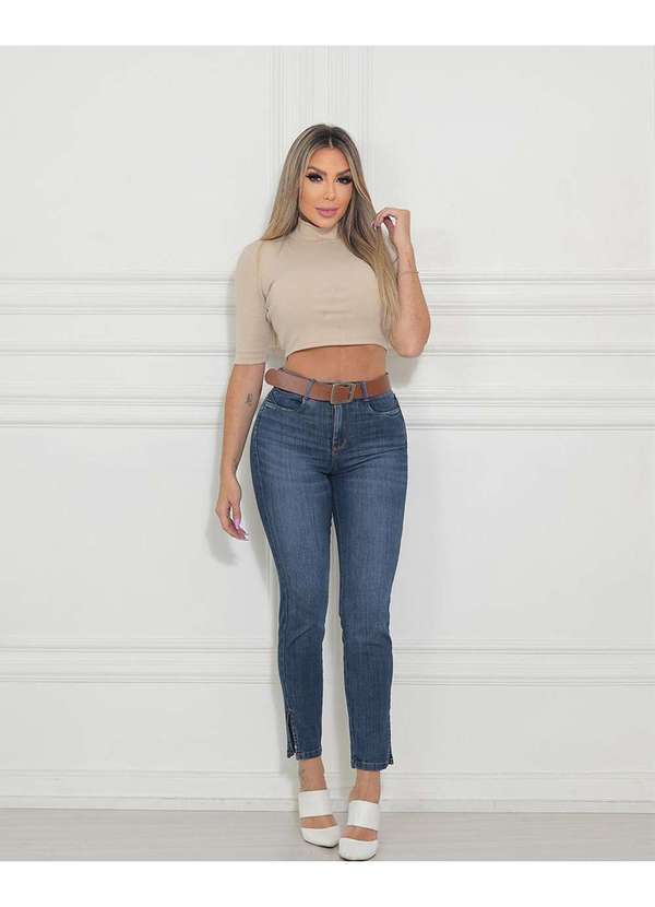 Consciência - Calca Jeans Skinny Escura Feminina Cintura Media com Cinto Azul