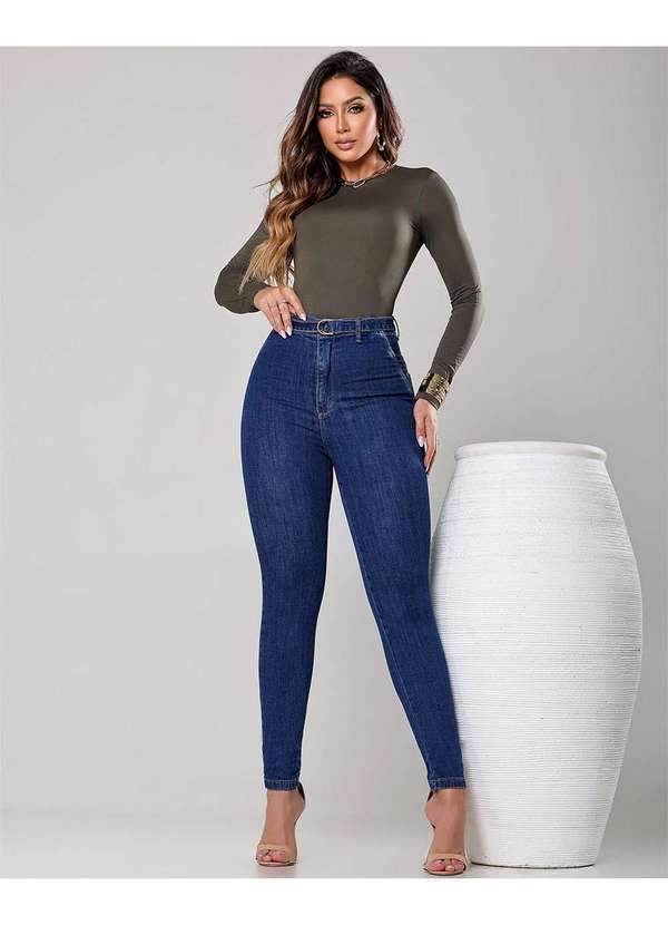 Consciência - Calca Jeans Skinny Feminina Cintura Alta Bolso Faca com Cinto Azul