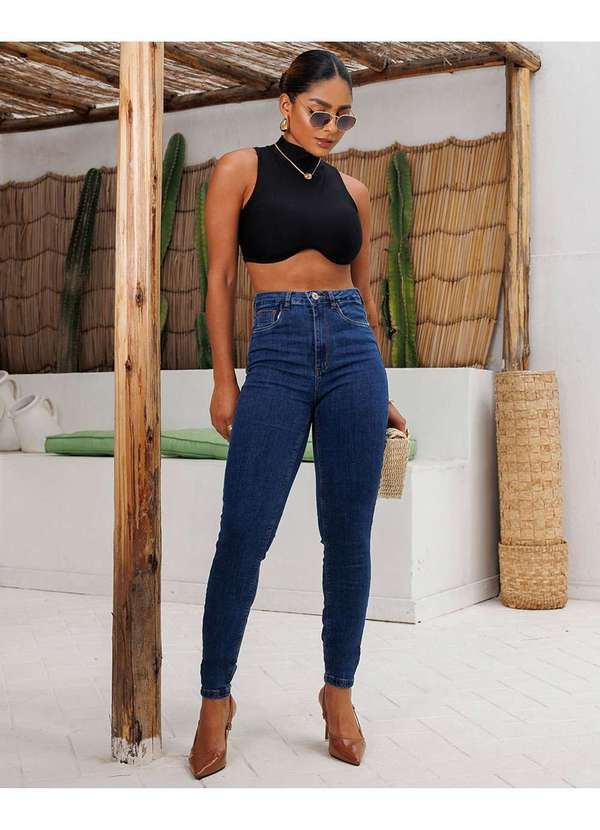 Consciência - Calca Jeans Skinny Feminina Cintura Alta Premium Azul