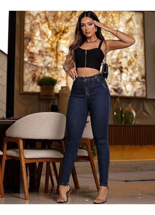 Consciência - Calca Jeans Skinny Feminina Cintura Media Alfaiataria Azul
