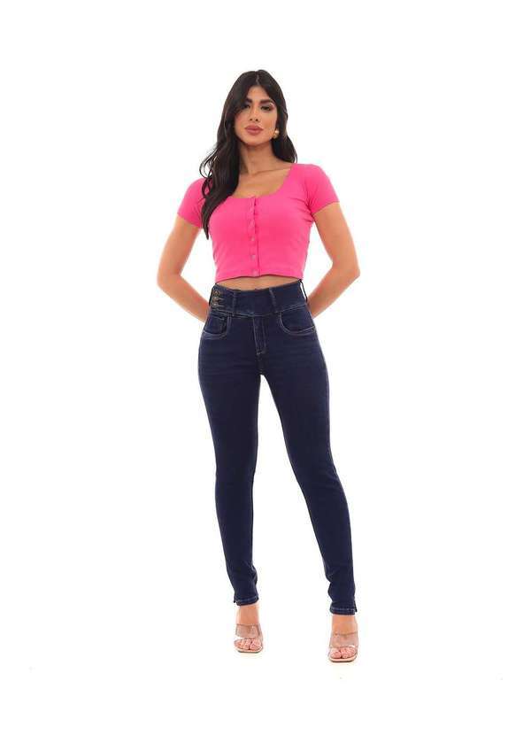Consciência - Calca Jeans Skinny Feminina Cintura Media com Botao Triplo Azul