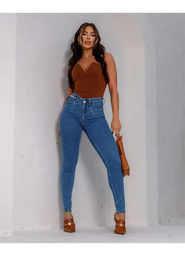 Consciência - Calca Jeans Skinny Feminina Cintura Media Detalhe de Corrente Azul