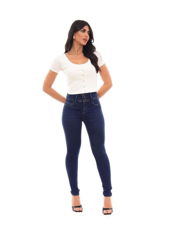 Consciência - Calca Jeans Skinny Hot Feminina Cintura Alta com Botao Triplo Azul