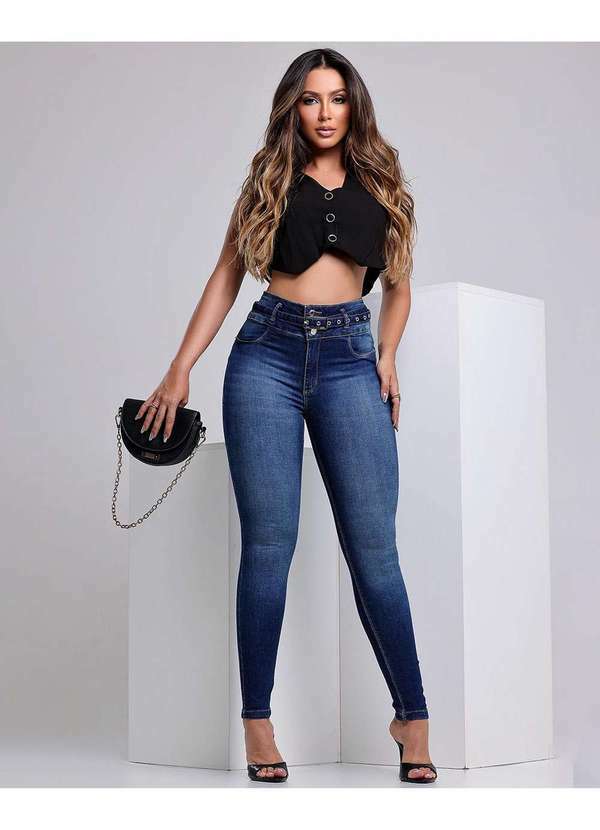Consciência - Calca Jeans Skinny Hot Feminina Cintura Alta com Cinto Azul