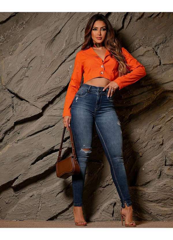 Consciência - Calca Jeans Skinny Hot Feminina Cintura Alta Cos Botao Duplo Azul