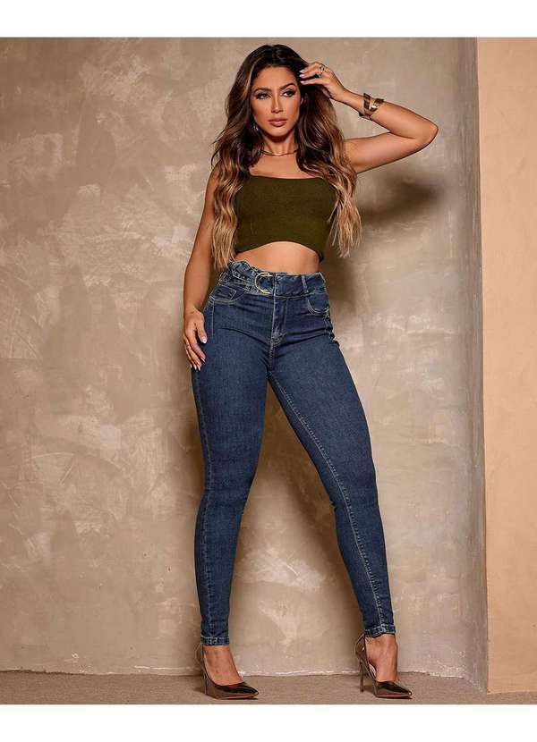 Consciência - Calca Jeans Skinny Hot Feminina Cintura Alta Cos com Fivela Azul