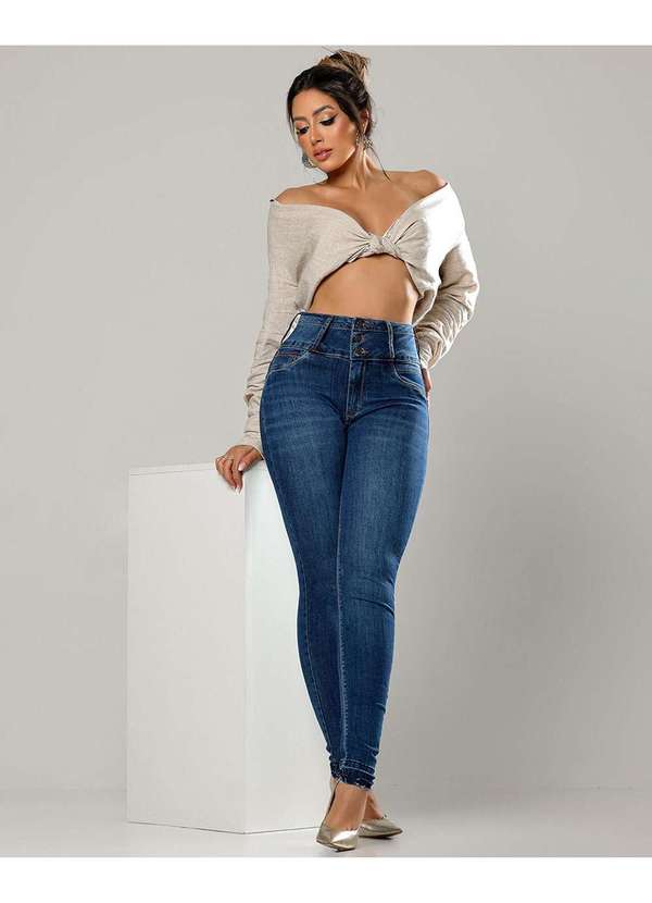 Calca Jeans Skinny Hot Feminina Cintura Alta Cos Duplo Azul
