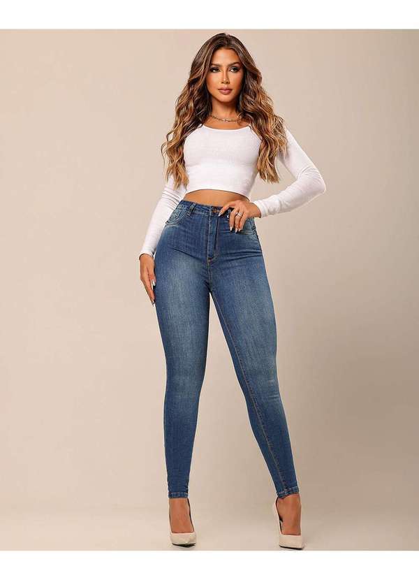 Consciência - Calca Jeans Skinny Hot Feminina Cintura Alta Detalhe Bolso Azul