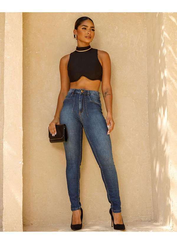 Consciência - Calca Jeans Skinny Hot Feminina Cintura Alta Detalhe Frontal Azul