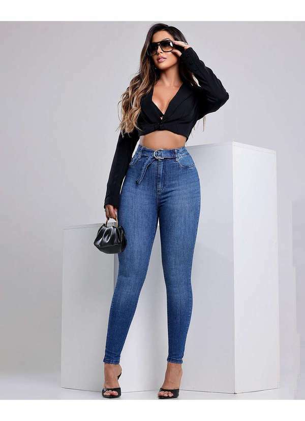Consciência - Calca Jeans Skinny Hot Feminina Cintura Alta Fivela Meia Lua Azul