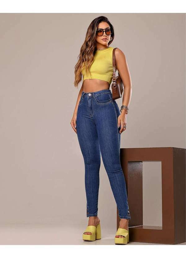Consciência - Calca Jeans Skinny Hot Feminina com Abertura Lateral na Barra Azul