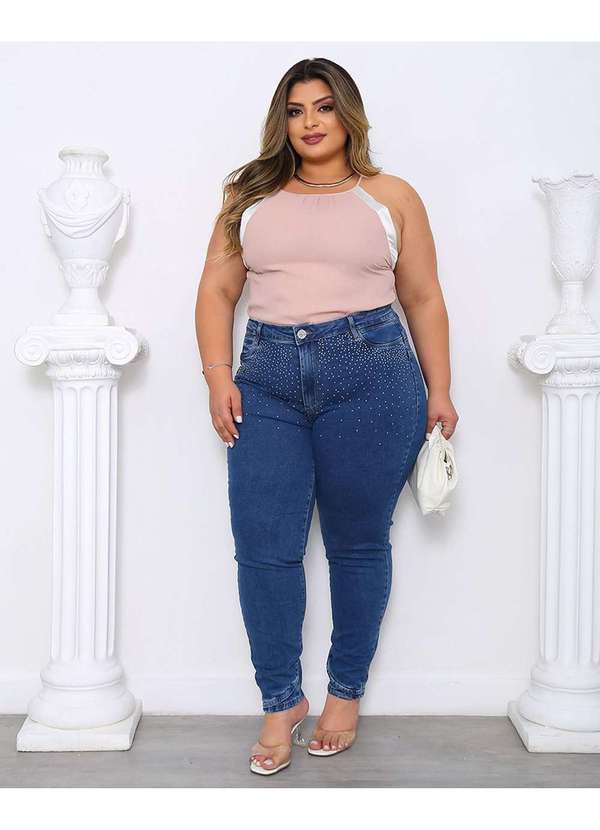 Consciência - Calca Jeans Skinny Plus Size Cintura Alta com Aplicacao Azul