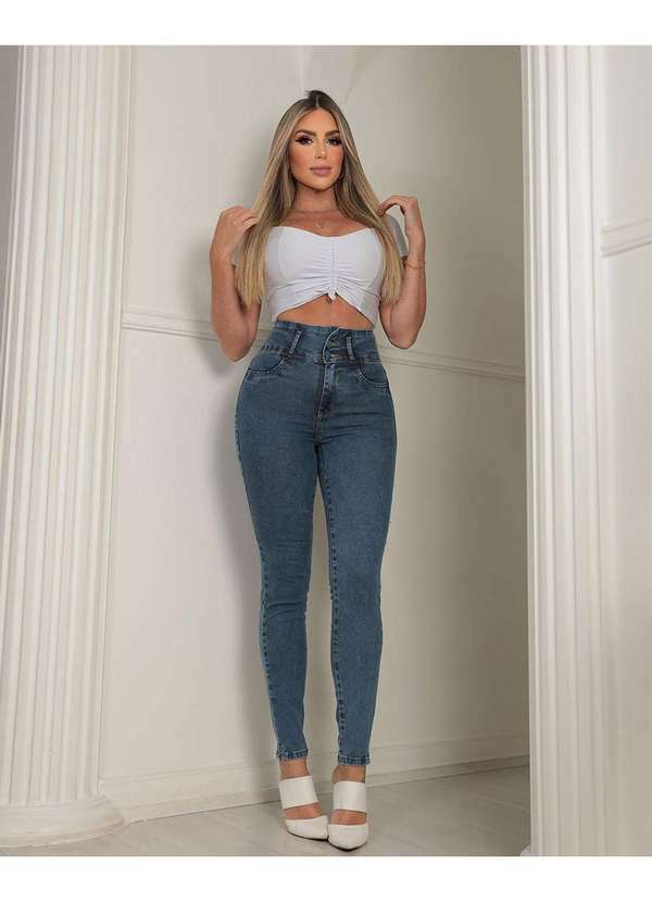 Consciência - Calca Jeans Skinny Sexy Fit Feminina Cintura Alta Cos Largo Azul
