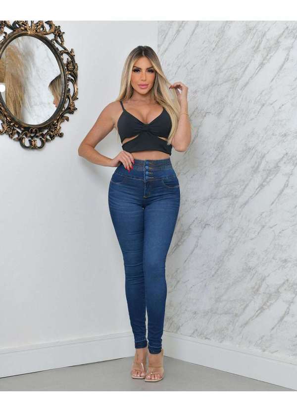 Consciência - Calca Jeans Skinny Sexy Fit Feminina Cintura Alta Cos Largo Azul