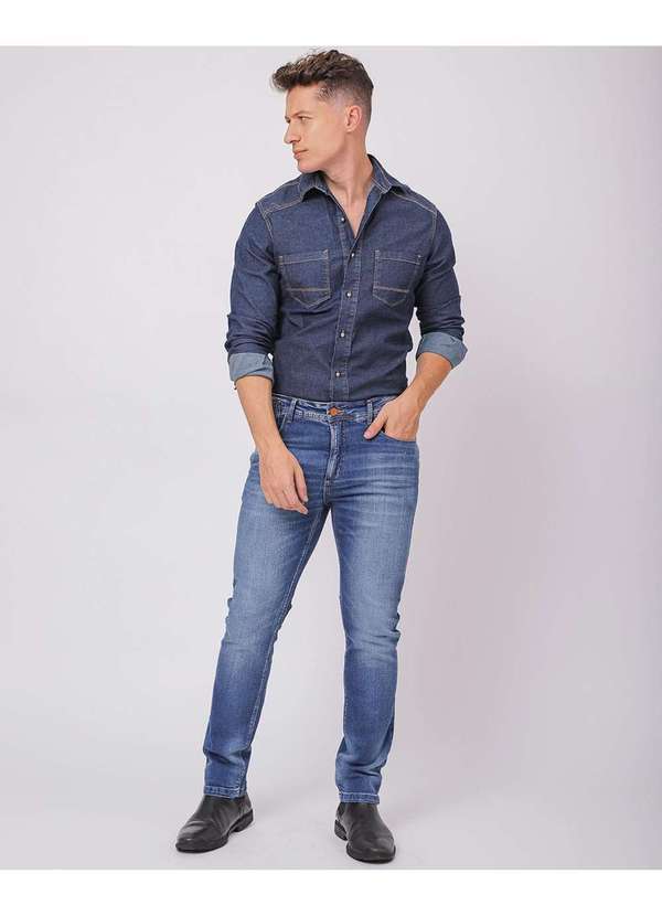 Consciência - Calca Jeans Slim Fit Masculina Detalhe no Bolso com Elastano Azul