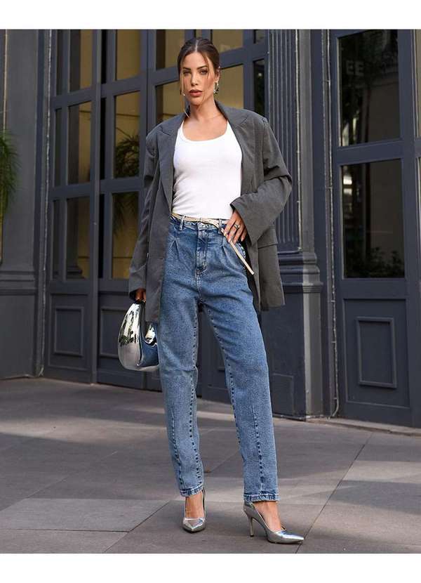 Consciência - Calca Jeans Slouchy Feminina Cintura Alta Basica com Elastano Azul