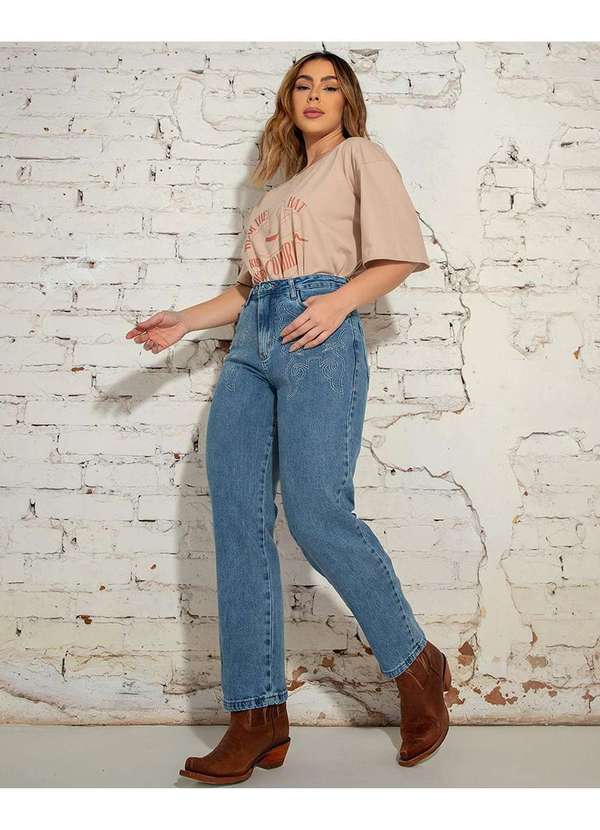 Consciência - Calca Jeans Straight Feminina Cintura Alta com Bordado Azul