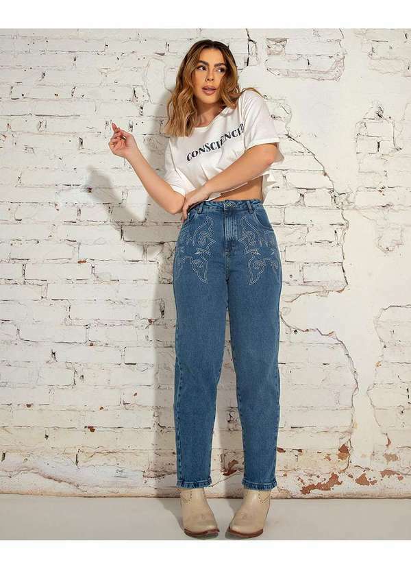Consciência - Calca Jeans Straight Feminina Cintura Alta com Bordado Azul