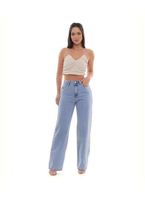 Consciência - Calca Jeans Wide Leg Feminina Cintura Alta Basica Algodao Azul