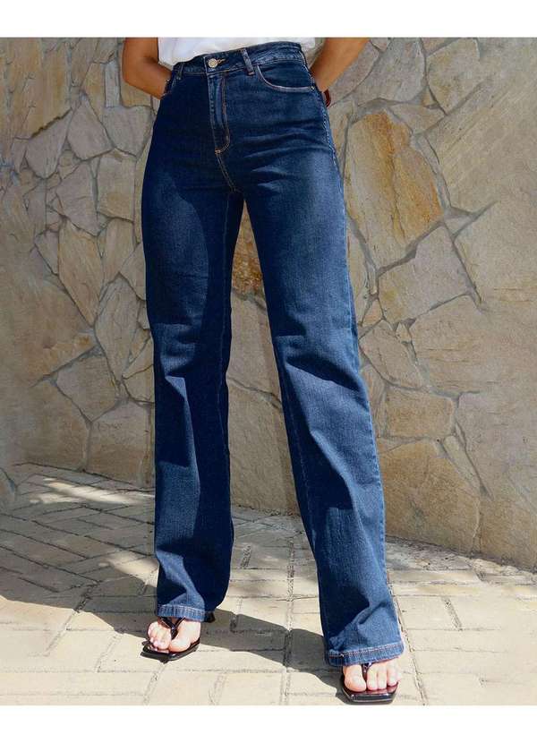Consciência - Calca Jeans Wide Leg Feminina Cintura Alta Basica com Elastano Azul 3