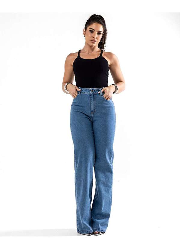Consciência - Calca Jeans Wide Leg Feminina Cintura Alta Basica com Elastano Azul 2