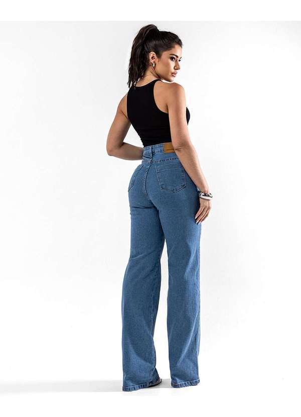 Consciência - Calca Jeans Wide Leg Feminina Cintura Alta Basica com Elastano Azul 3