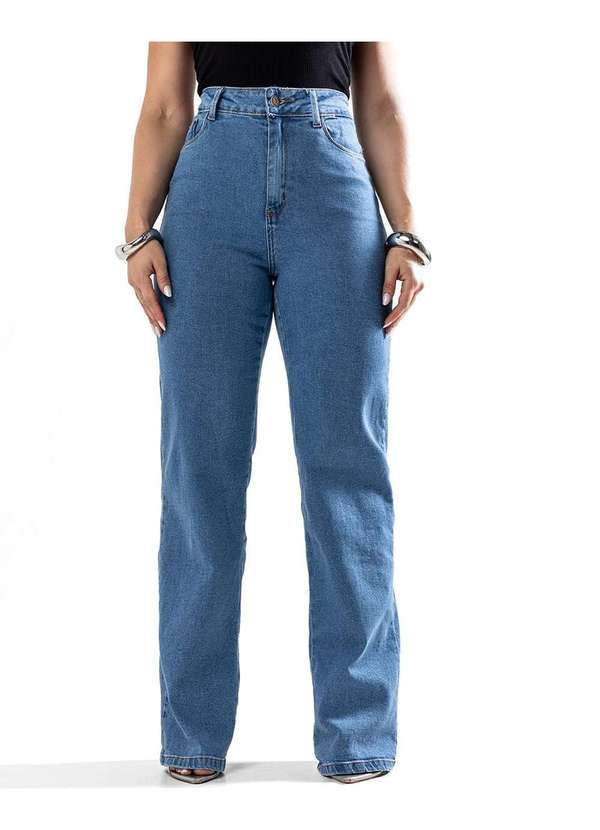 Consciência - Calca Jeans Wide Leg Feminina Cintura Alta Basica com Elastano Azul 4