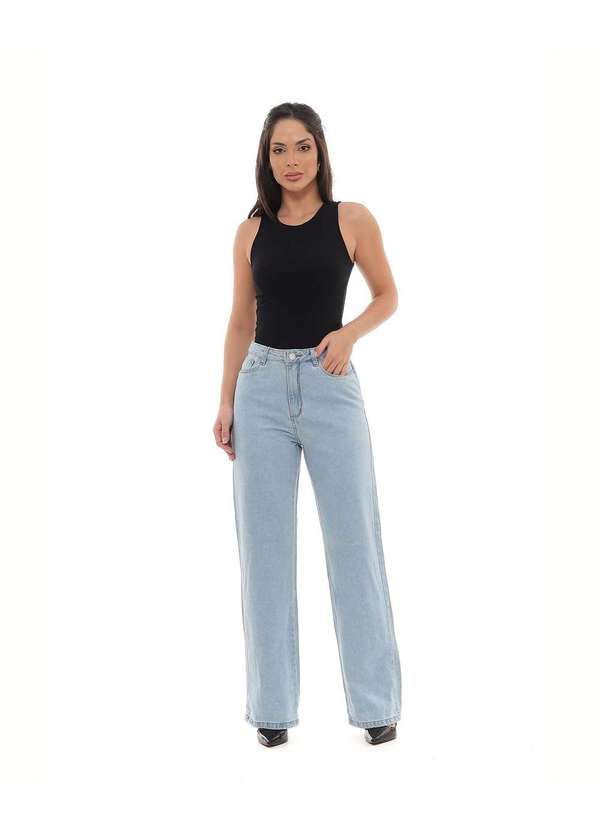 Consciência - Calca Jeans Wide Leg Feminina Cintura Alta Basica Azul 2