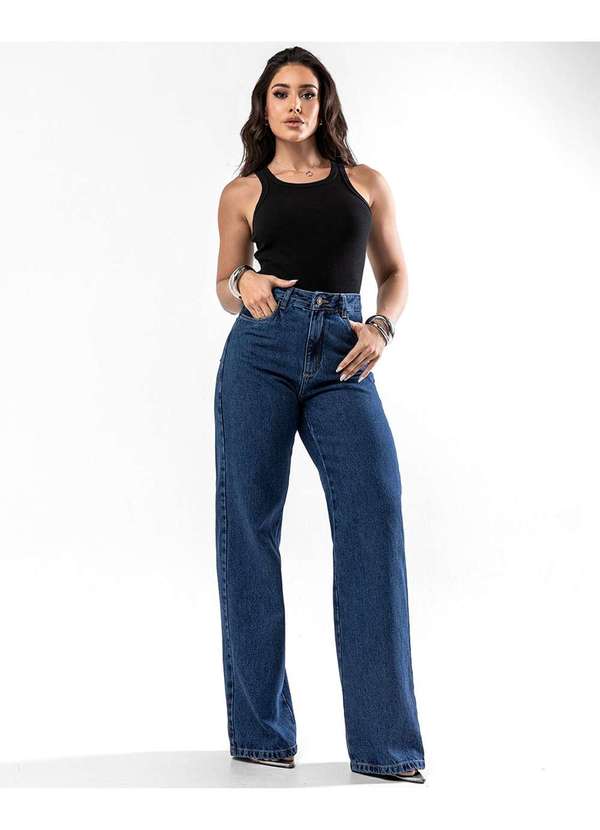 Consciência - Calca Jeans Wide Leg Feminina Cintura Alta Basica Azul