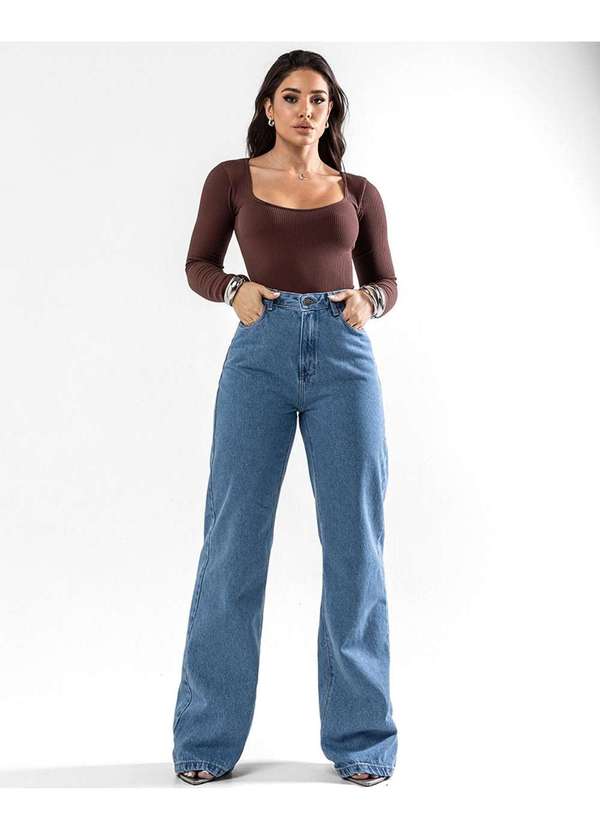 Consciência - Calca Jeans Wide Leg Feminina Cintura Alta Basica Azul