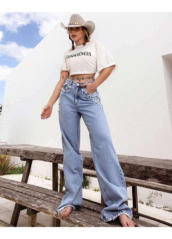 Consciência - Calca Jeans Wide Leg Feminina Cintura Alta Bordado Ana Castela Azul