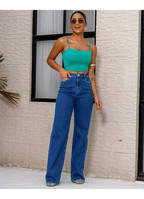 Consciência - Calca Jeans Wide Leg Feminina Cintura Alta Bordado e Aplicacao Azul