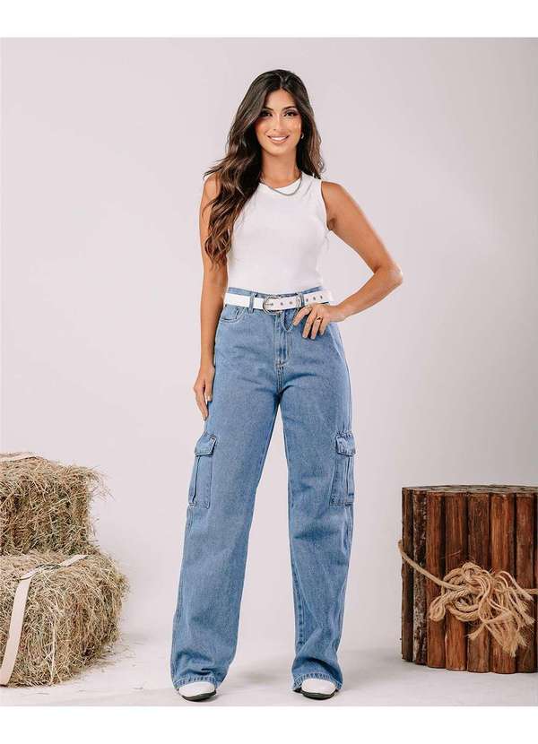 Consciência Calca Jeans Wide Leg Feminina Cintura Alta com Bolso Cargo  Azul