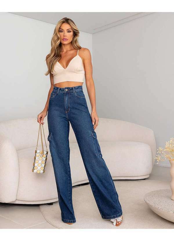 Consciência - Calca Jeans Wide Leg Feminina Cintura Alta com Bolso Cargo Azul