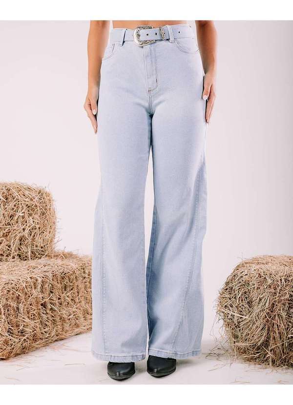 Consciência - Calca Jeans Wide Leg Feminina Cintura Alta com Cinto Azul 3
