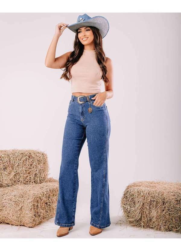 Consciência - Calca Jeans Wide Leg Feminina Cintura Alta com Cinto Azul