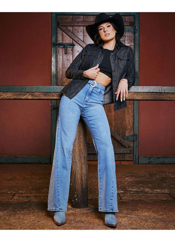 Calca Jeans Wide Leg Feminina Cintura Alta com Cinto Azul