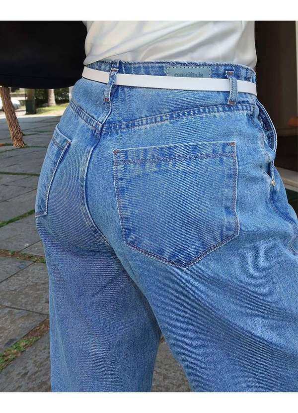 Consciência - Calca Jeans Wide Leg Feminina Cintura Alta com Cinto Azul 2