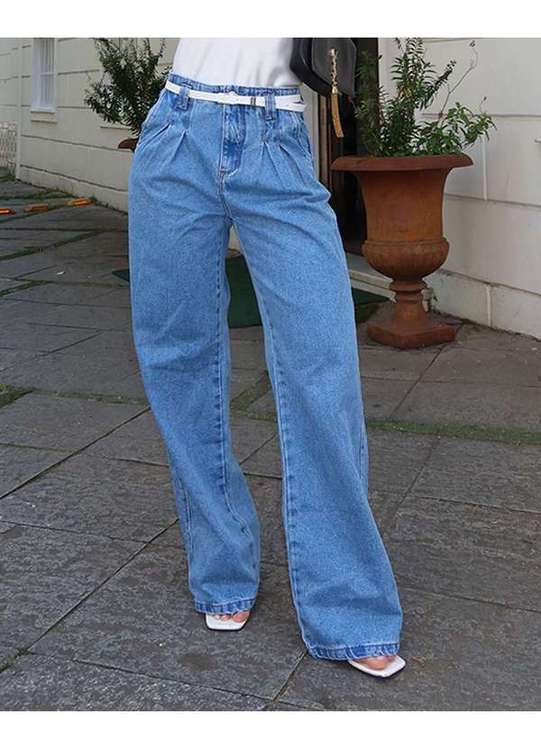 Consciência - Calca Jeans Wide Leg Feminina Cintura Alta com Cinto Azul 4