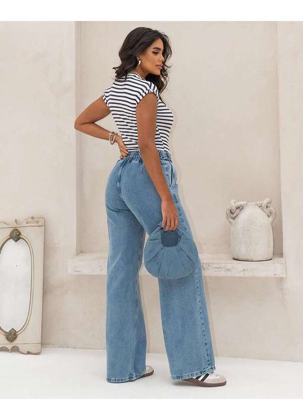 Consciência - Calca Jeans Wide Leg Feminina Cintura Alta com Elastico Azul 2